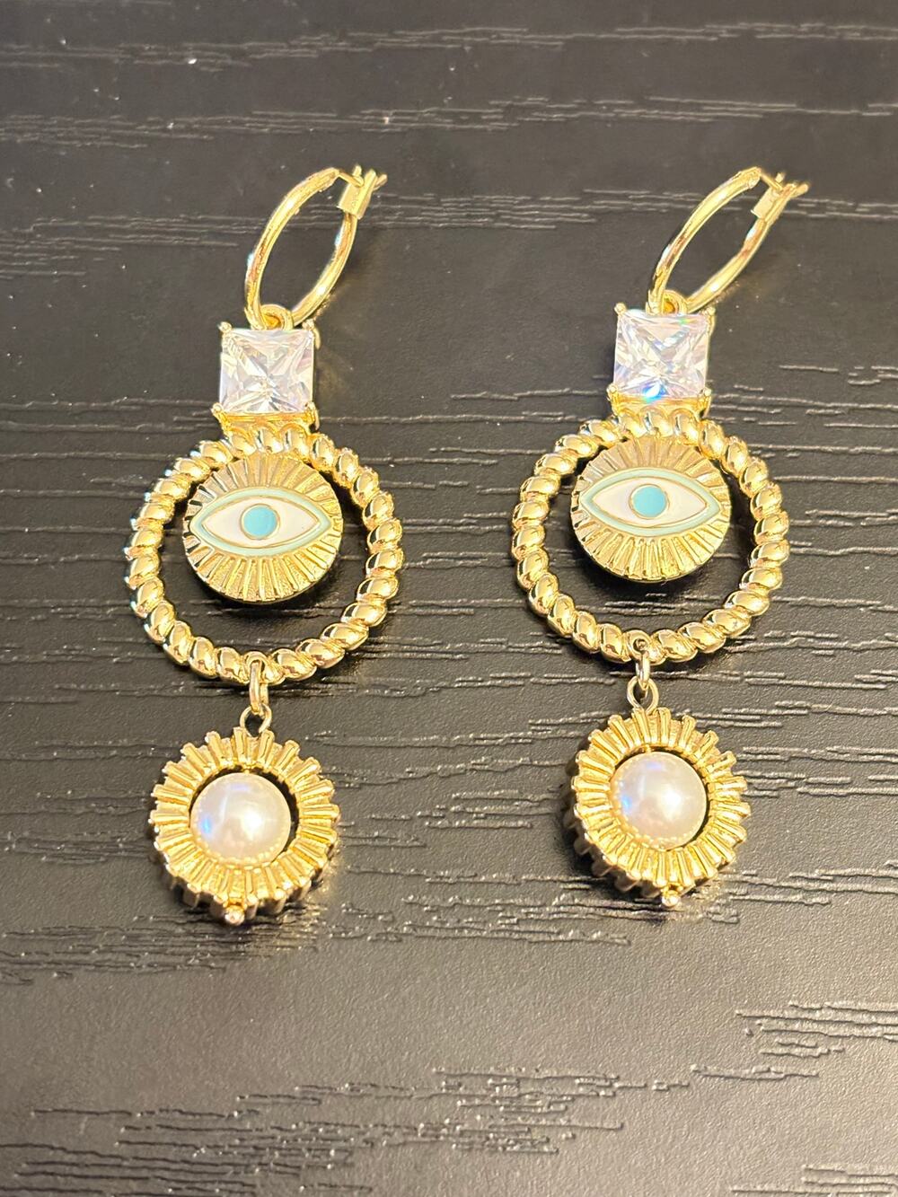 Evil Eye Gold Tone Statement Earrings Pearl CZ Drop